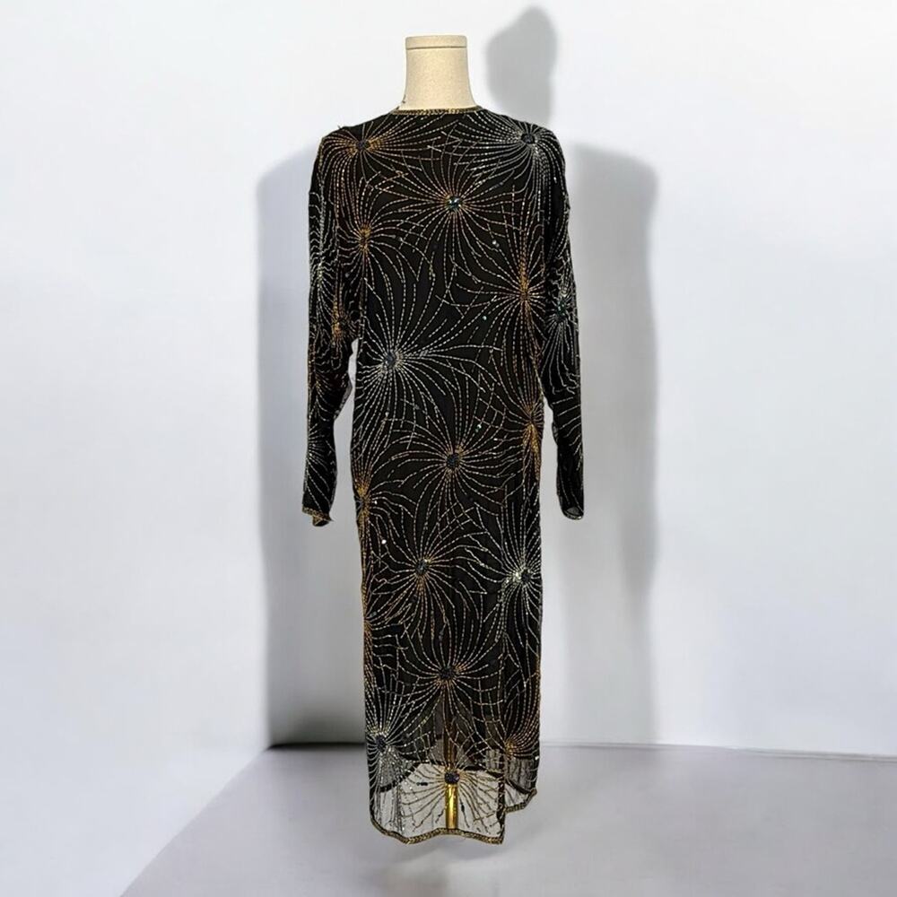 Vintage 1970s Halston III Iconic Fireworks Beaded Silk Chiffon Midi Dress S
